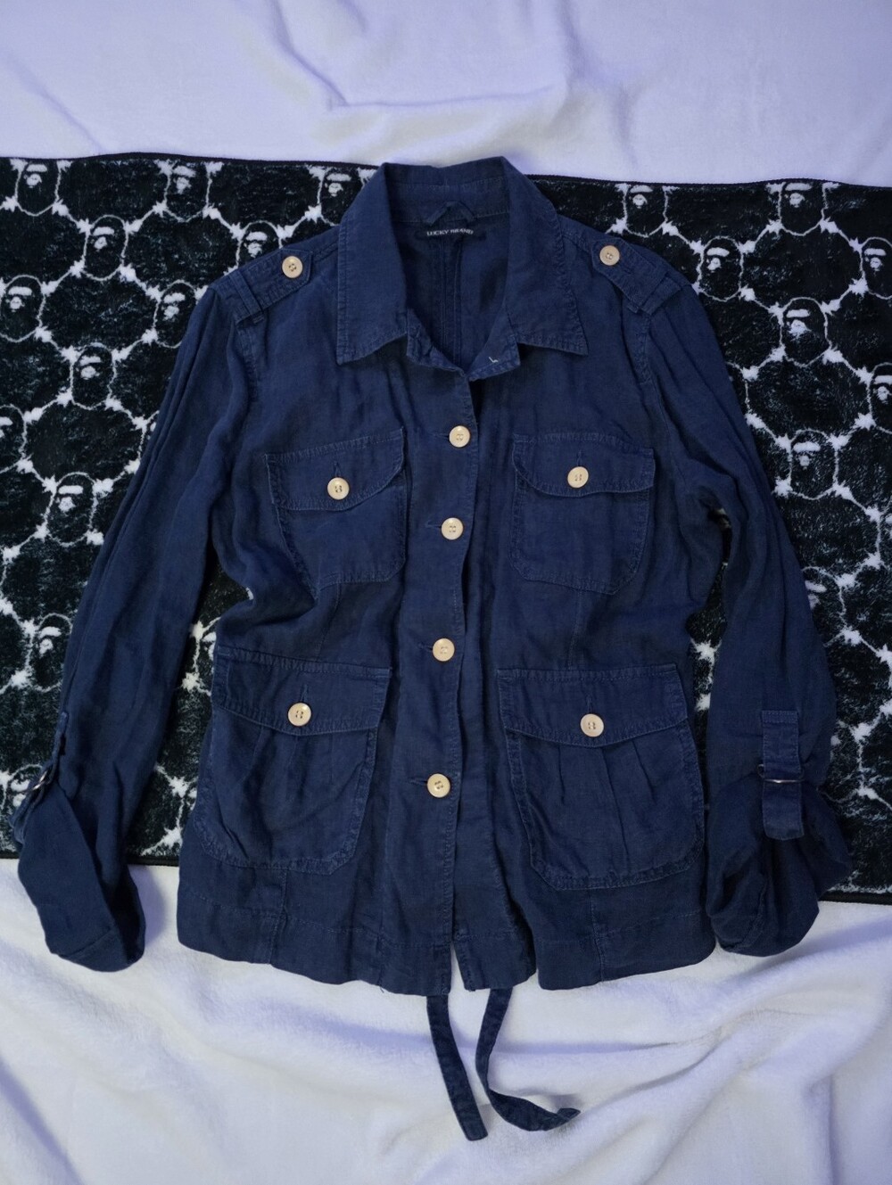 y2k vtg retro big buttons lucky brand Navy blue utility jacket with tie waist